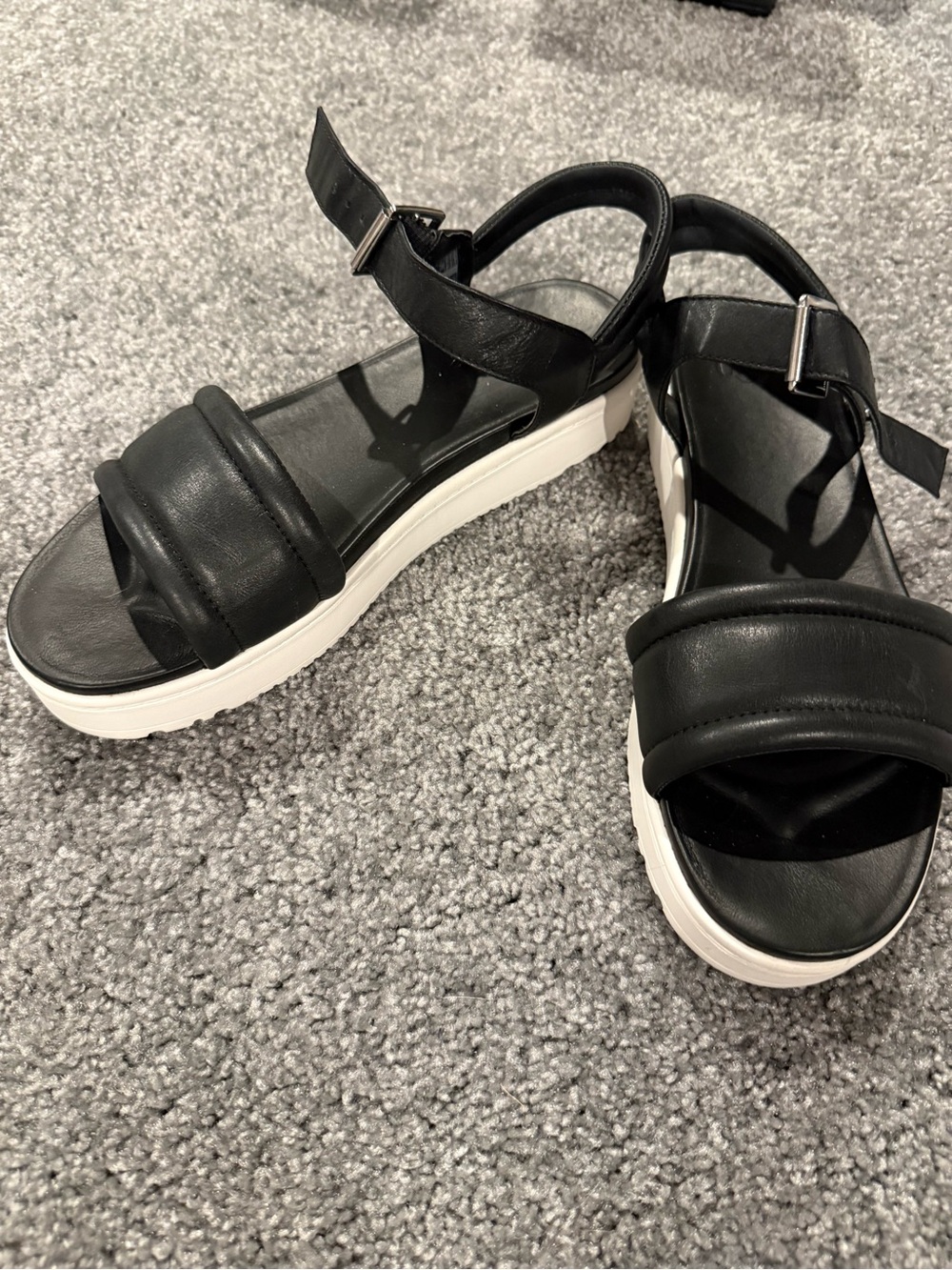 UGG Black Leather Platform Strap Sandals with White Sole